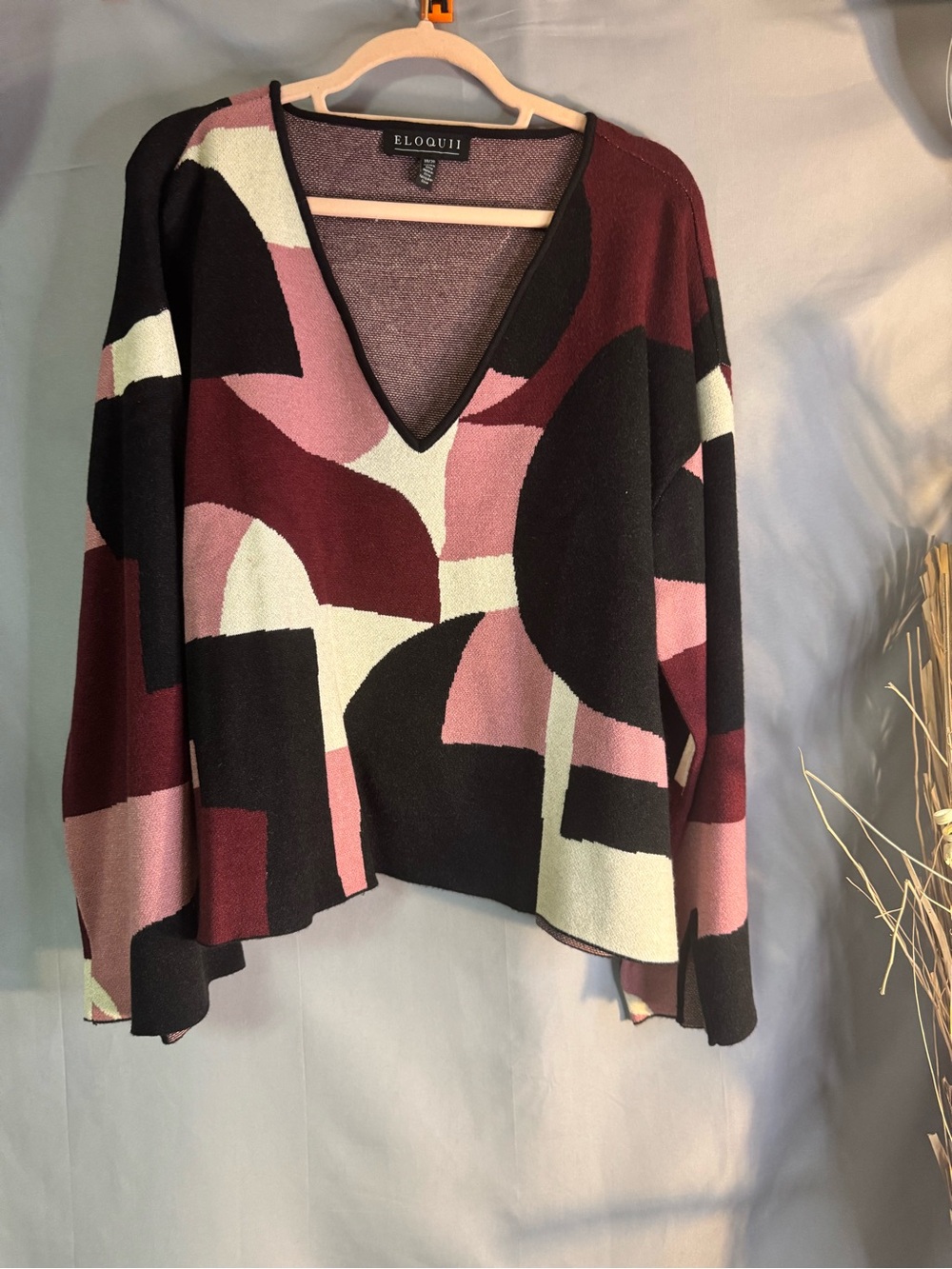 Eloquii Burgundy, Pink & Black Abstract V-Neck Sweater